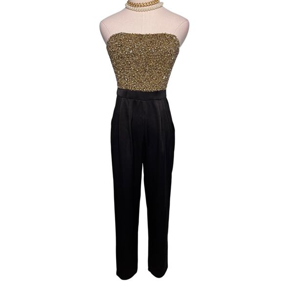 Alice + Olivia Jeri Rhinestone Embellished Strapless Jumpsuit black gold size 2 - Picture 8 of 15
